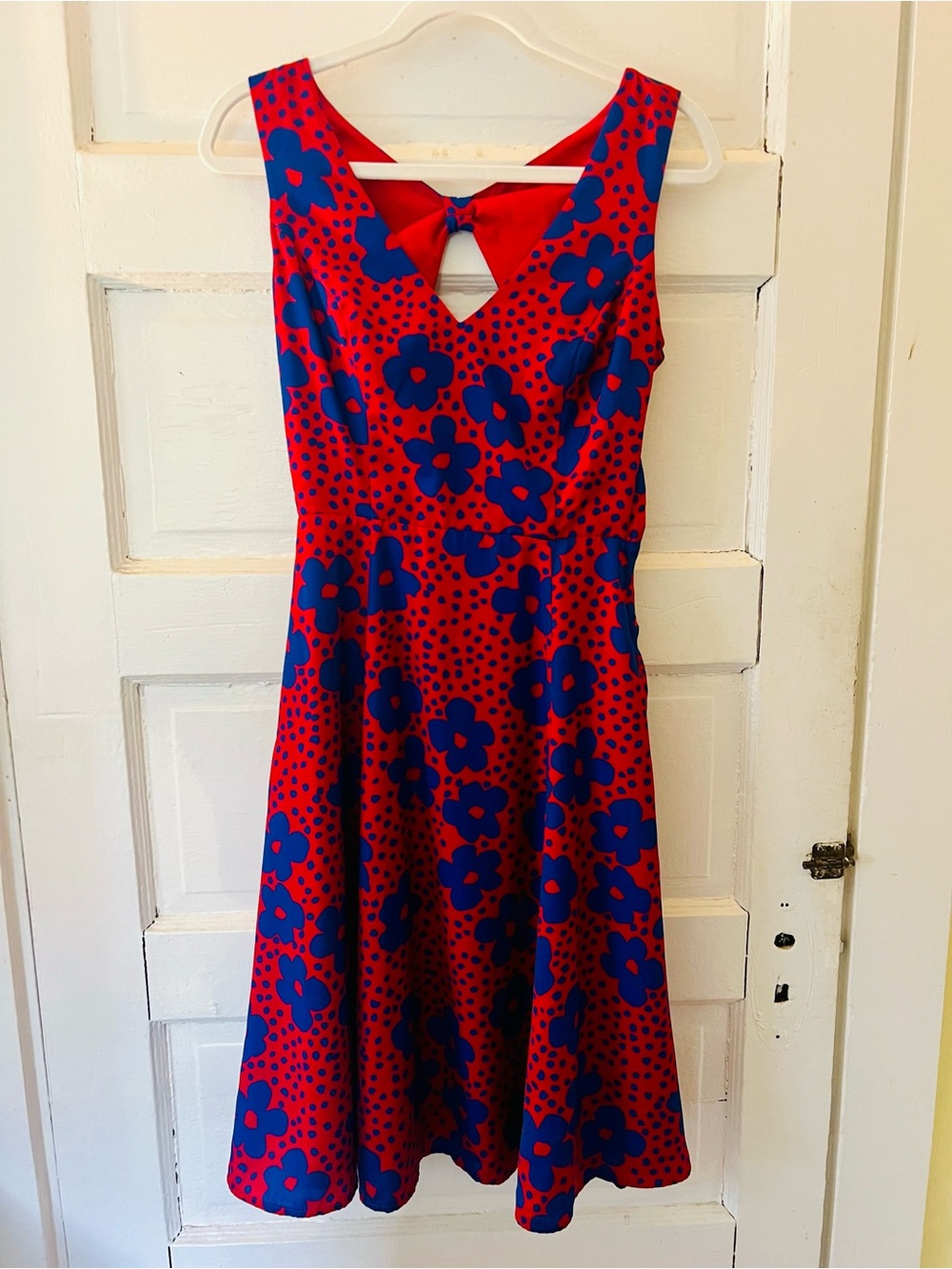 ModCloth Red & Blue Floral Fit-and-Flare Dress with Bow Back & Pockets!!!